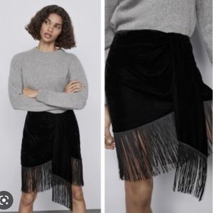 Zara Black Velvet Fringe Mini Skirt Size XL